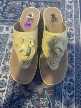 Faux Leather Flower-Accent Yellow Sandals